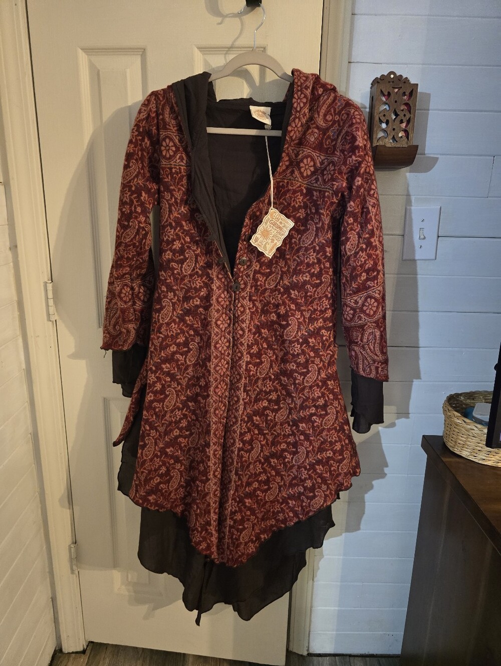 Red Paisley Hooded Women's Dress Coat